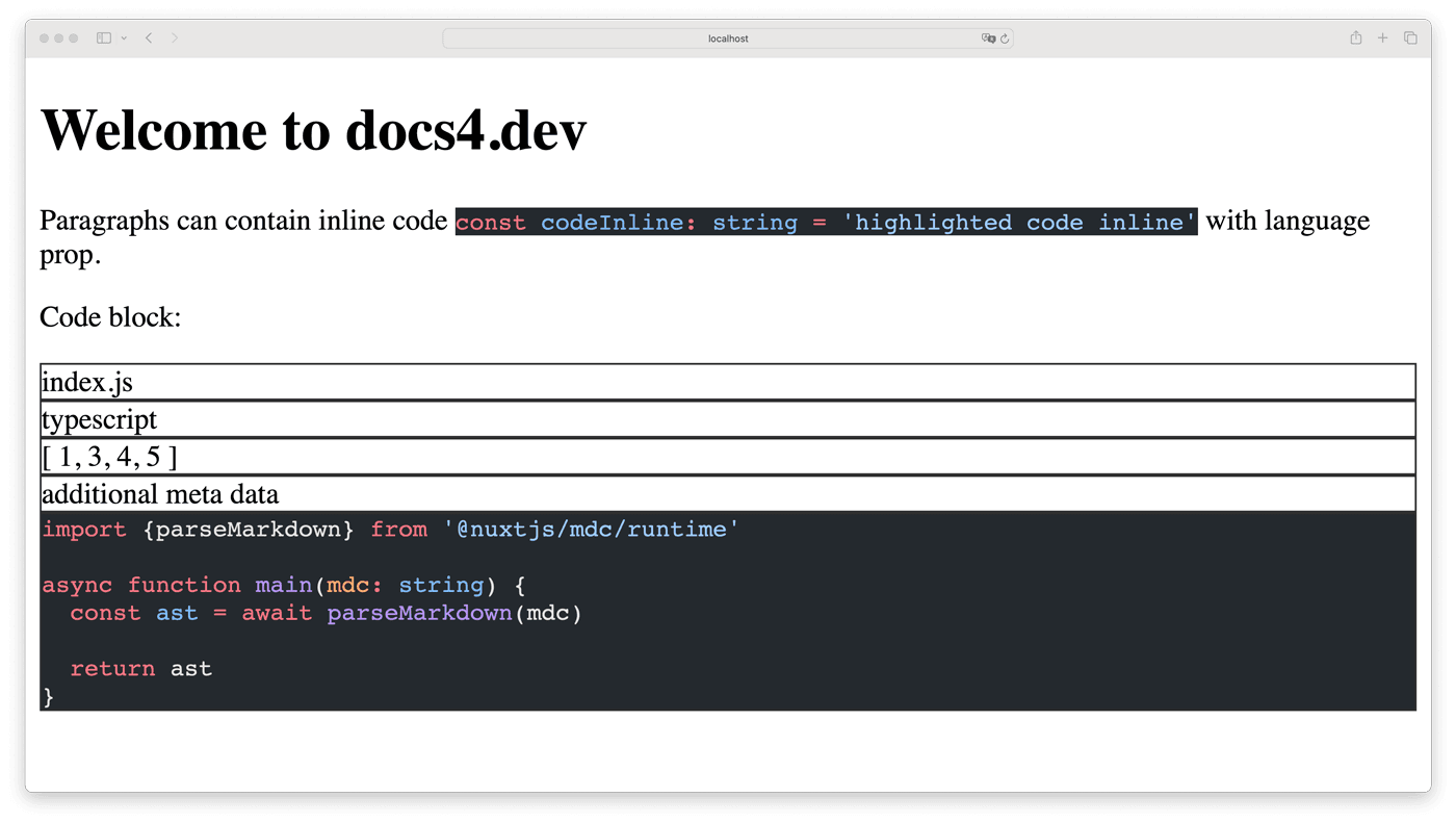 Demonstration of Markdown rendering with Nuxt MDC, Prose components and syntax hHighlighting
